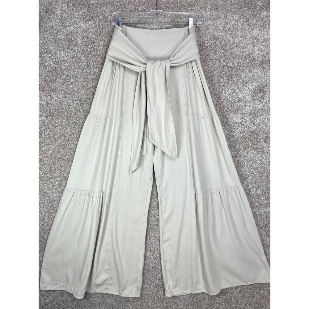 Happily Grey Linen High Rise Wide Leg Pants Women Sz M Beige Lagenlook Relaxed